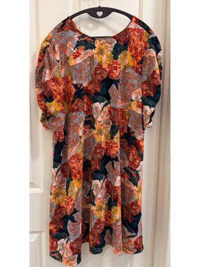 Halogen Colorful Fall Floral Ruched Sleeve Shift Dress Large